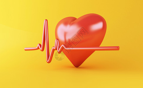 3d示例心脏和跳脉搏线黄色背景健康医学概念背景图片