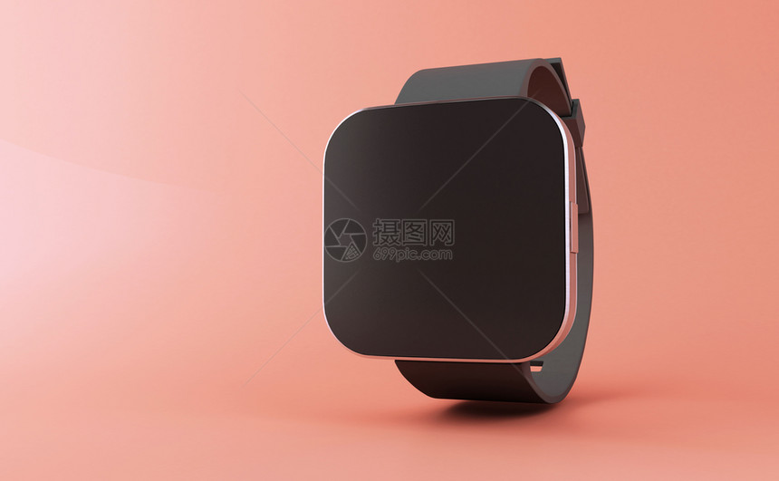 3d插图智能手表粉红色背景的黑屏幕技术和模型概念图片