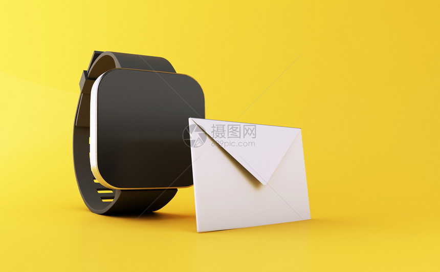 3d插图智能手表黄色背景上的未读信件图标邮通信概念图片