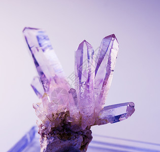 从紫外线背景的葡萄克鲁兹矿中采出一些天然宝石的紫色晶体背景图片