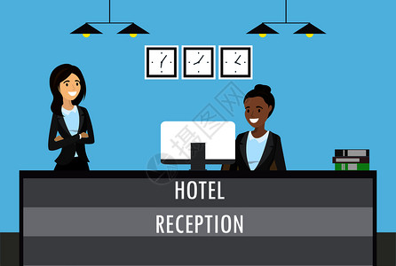 欧洲酒店非洲年轻女酒店接待卡通平面矢量插图插画