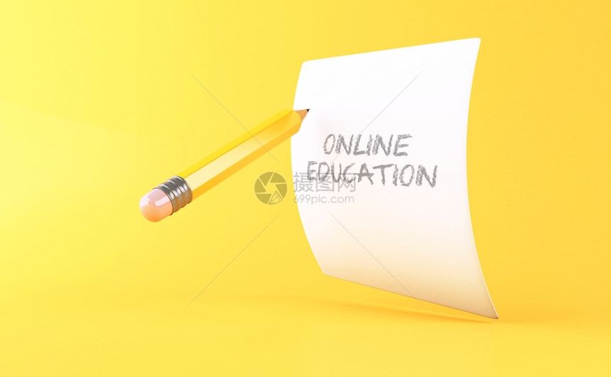 3d插图黄色铅笔和一张纸上面有黄色背景的在线教育文本教育理念图片