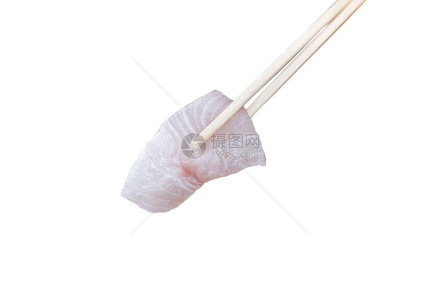 采摘厚的海鱼片白底的竹筷子和隔绝图片