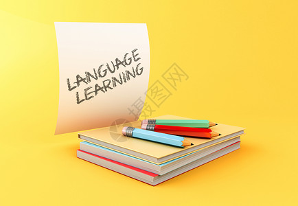 3d插图关于黄色背景的丰富多彩书籍铅笔和纸页学习语言概念图片