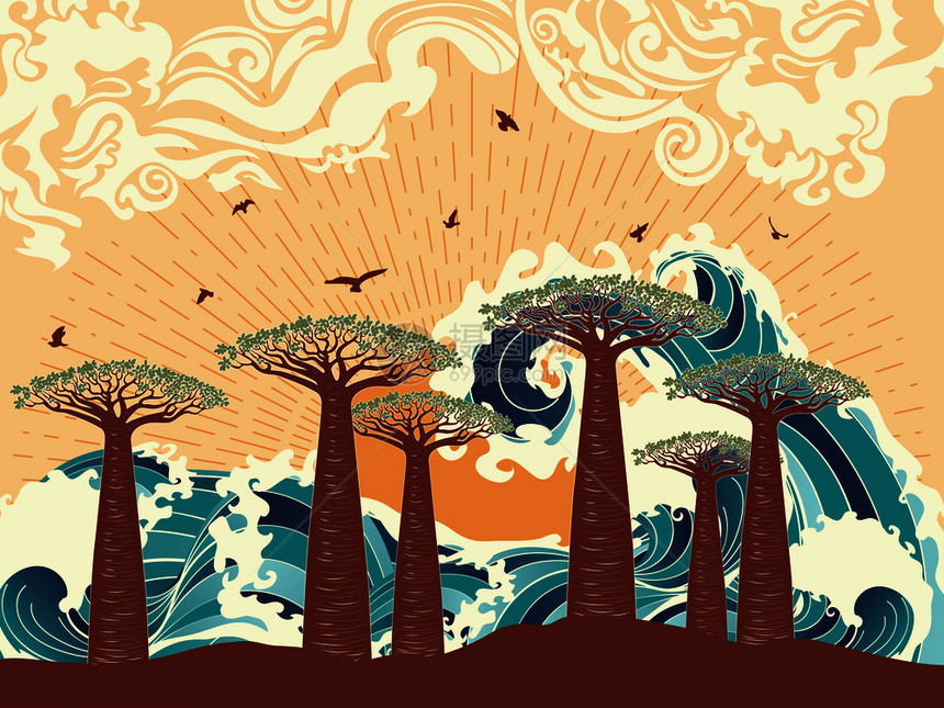 树和暴风雨般的海洋日落艺术报设计图片