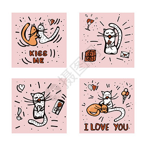 带有可爱的情符号方形横幅手画猫字母和情人节天体矢量插图图片