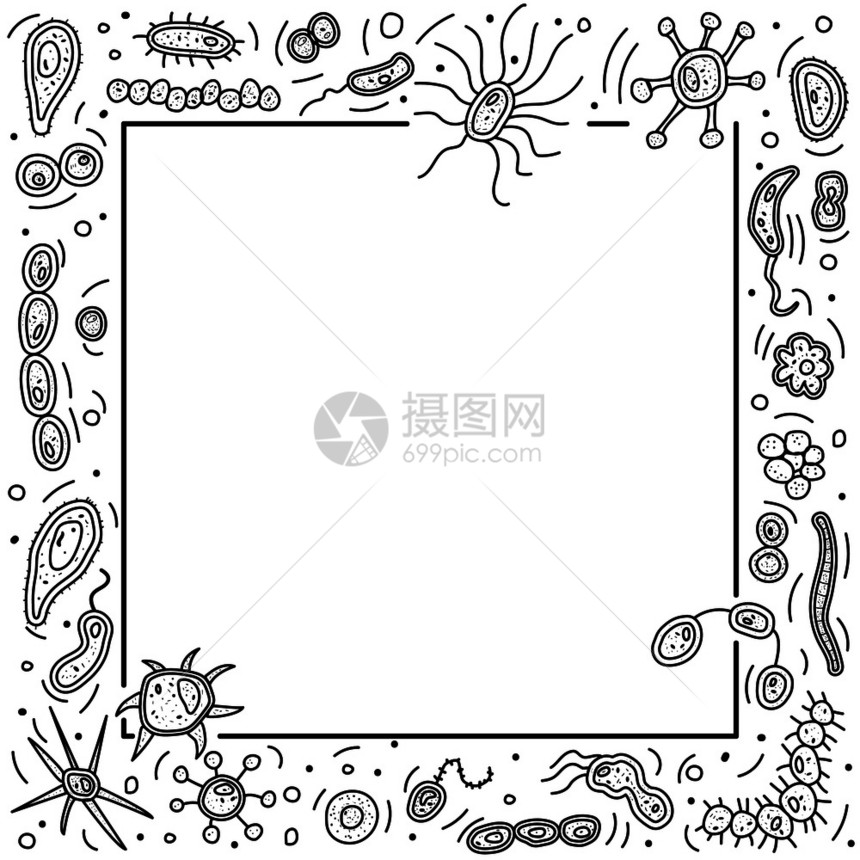 带有微生物细胞的方格框带有细菌形状的彩色页面矢量dole样式构成图片