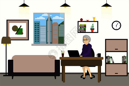 带笔记本电脑在家工作室内设计家具气压矢量插图在家或现代办公室工作的卡通商人背景图片