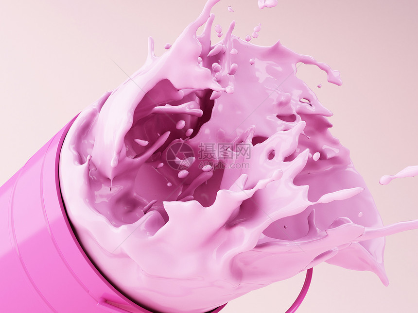 3个插图粉色涂料从罐子里喷出粉色背景图片