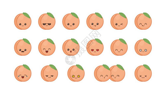一组桃子桃子可爱的kawi吉祥物设置kawi食物面孔表示微笑的情背景