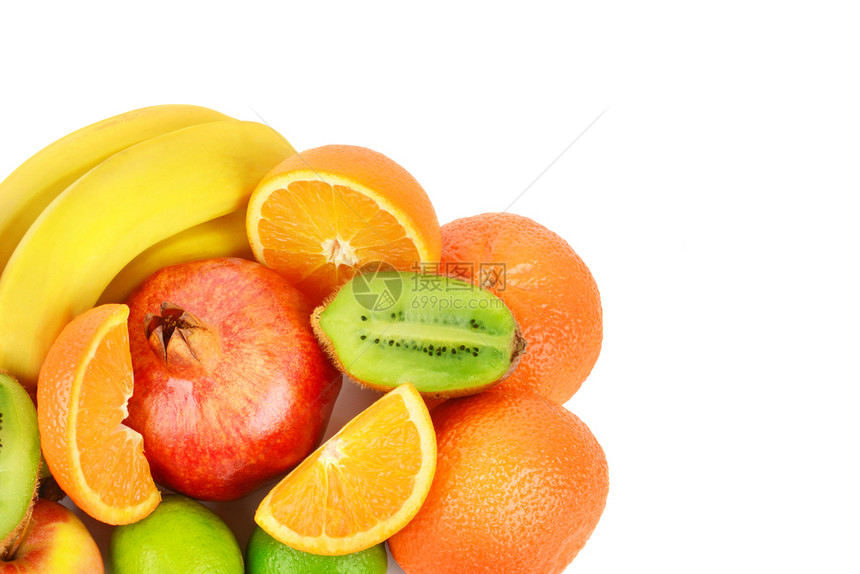 在白色背景上隔离的一组水果健康的食物平坦躺地顶部视图文本自由空间图片