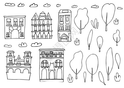 卡通风格树屋一组矢量草图屋树木和涂鸦风格的云插画