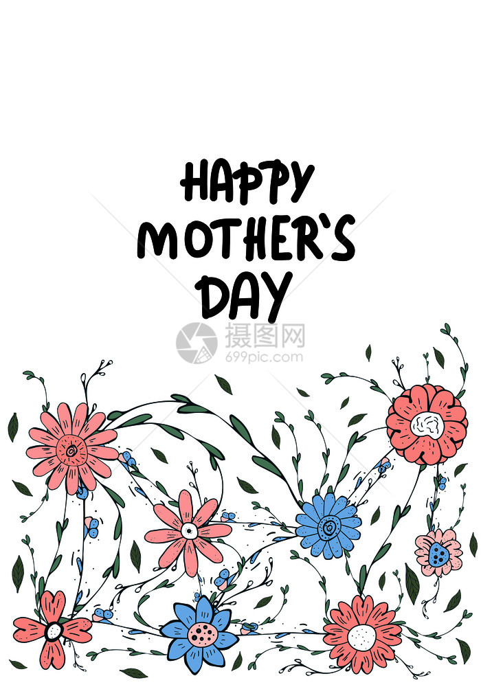 快乐的母亲每天用野花装饰来写信带手报价的贺卡矢量颜色插图图片