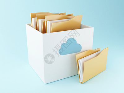 3d插图打开框有蓝背景的文件云储存和计算概念背景图片