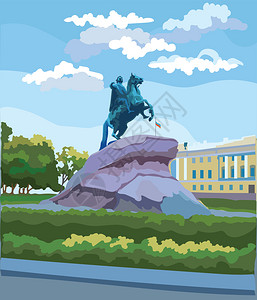 俄罗斯皇帝纪念碑的城市景象在元老院广场的伟大人物圣彼得堡俄罗斯铜马人纪念碑和元老院的景象多彩矢量图示插画