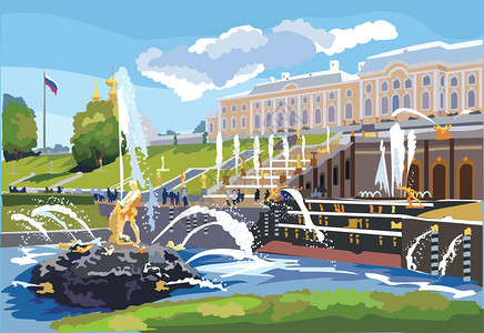 班霍夫大街俄罗斯圣彼得堡霍夫宫风景插画插画