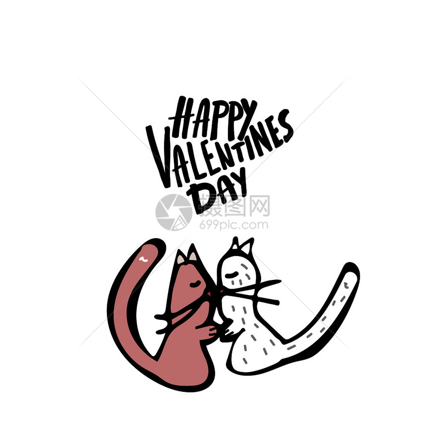 快乐的情人节贺卡模板亲吻猫手写信件矢量插图图片