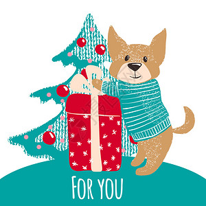 新年或圣诞节贺卡有可爱的手画狗穿着冬季温暖的毛衣配有礼物和圣诞树节明信片矢量说与可爱的狗贺卡新年和圣诞节背景图片