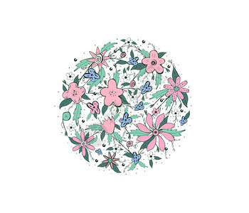野花和树叶圆徽章涂鸦风格圆圈组成孤立在白色背景上矢量增压图片