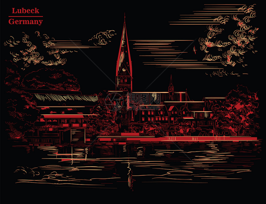 在德国的润滑剂中圣玛丽教堂上可以看到矢量单色图解以红显示孤立在黑色背景上图片