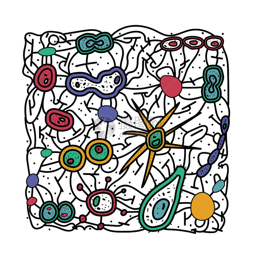 细菌胞方形组成微生物收集矢量涂鸦样式图解图片