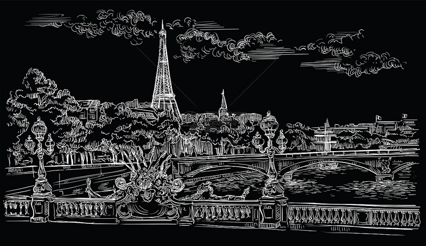 eifl塔帕里斯弗朗塞的矢量图解帕雷斯塔里弗朗塞的里程碑城市风景与eifl塔和pontalexndri安全河堤的视图以黑色背景隔图片