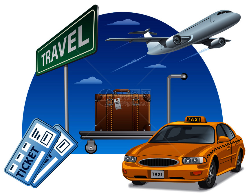 世界各地旅行交通和出租车概念说明图图片