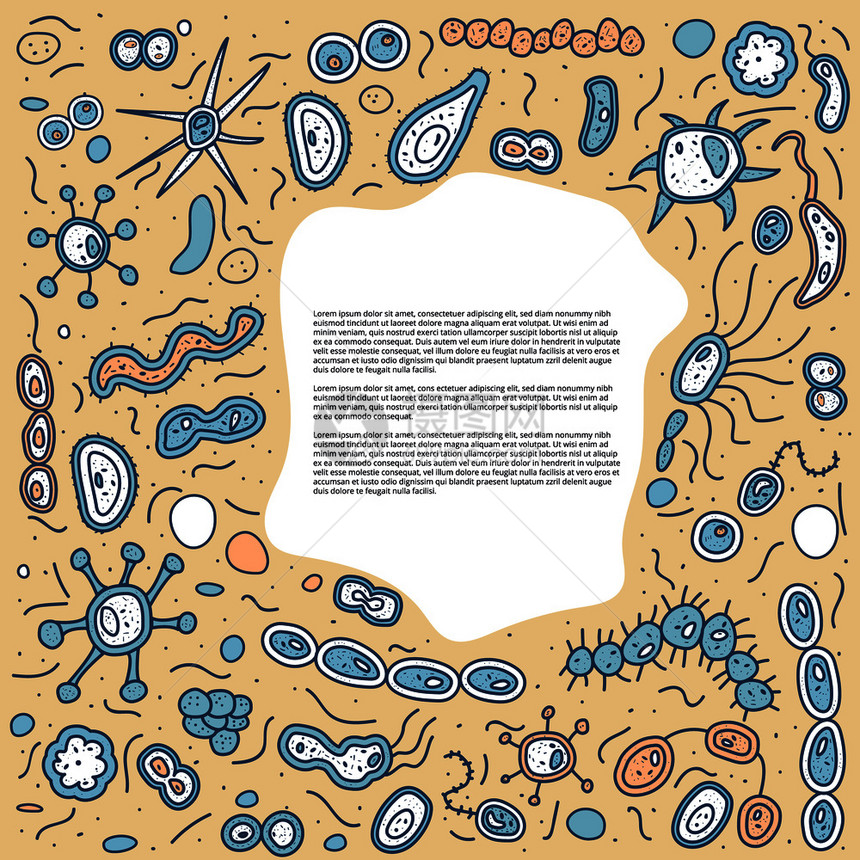 细菌胞模式的矢量框架微生物收集涂鸦风格背景图片