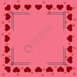 粉红色的心脏和花朵在粉红色背景的边界上中间有一个框设计和装饰问候的理想解决方案背景图片