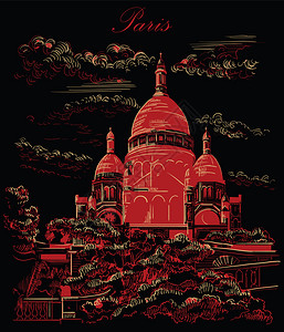 朗香教堂蒙马特帕里斯弗朗塞的矢量图解巴黎的地标城市风景带有basilcreou矢量图解以黑色背景上孤立的红色显示插画