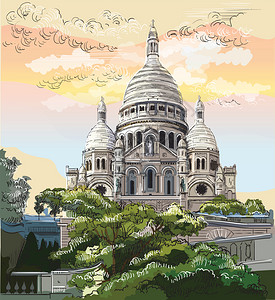 朗香教堂多彩矢量的图解蒙塔尔巴黎的地标弗朗特城市风景与巴西里卡的剖腹骨多彩矢量图解巴黎的城市景象插画