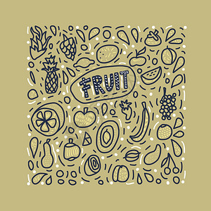 卡通手绘水果装饰鲜苹果梨橘子芒果柠檬和字母等方形海报组成背景