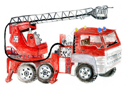 手画红色消防车插图画在水彩上背景图片