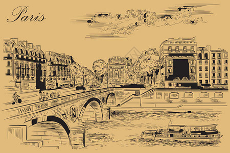 巴黎桥pontsaimchel桥法国的矢量图解pontsaochelmi桥法国的地标pais城市风景圣michel桥和帕里斯街道矢量图插画