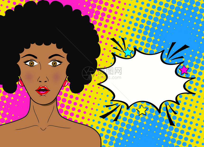 口开和言语泡沫的非洲女流行艺术复古漫画风格的矢量背景多彩图片