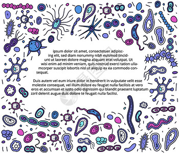 带文字空间的细菌胞边框微生物收集矢量涂鸦样式组成插画