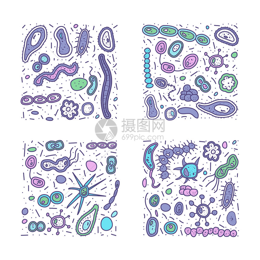 细菌胞平方横幅微生物收集矢量涂鸦风格成分图片