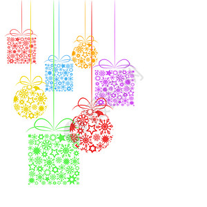 带礼物盒和装饰球的假日背景带星和雪花的装饰球鱼群矢量插图图片