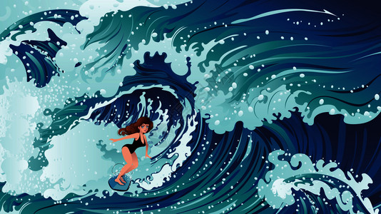 冲浪的女孩矢量插图背景图片