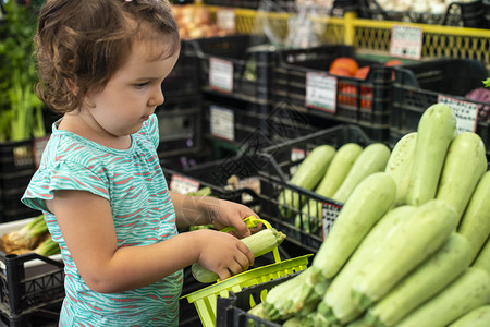 孩子在篮里收集苏奇尼在蔬菜市场里购物背景图片