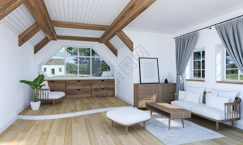 里面有木制家具和拆分层楼的白色起居室3D图片