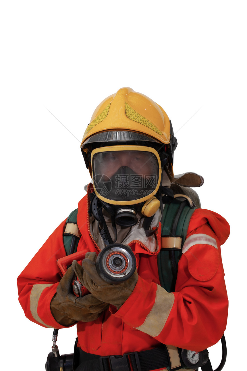 戴面罩的消防员单独身着安全套装身着白色背景消防安全概念封闭式安全套图片