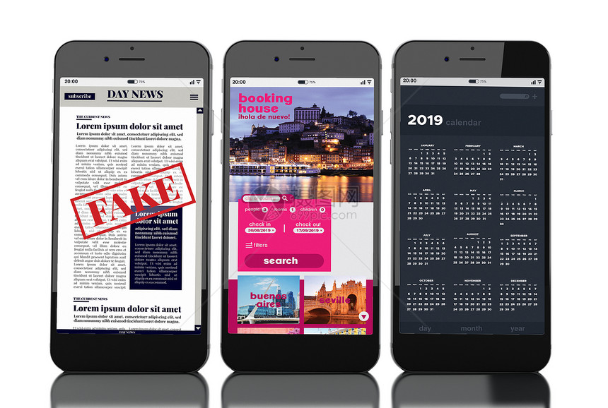3d插图智能手机和不同移动应用程序屏幕包括数字假新闻预订应用程序和日历孤立的白色背景图片