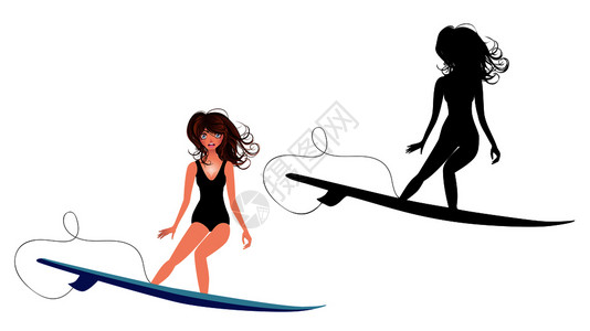 可爱卡通冲浪女孩黑色轮廓设计图片