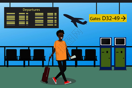 机场行走携带行李的卡通男士矢量图图片