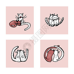 一套卡片配有对可爱的猫面条风格快乐情人节贺卡模板矢量插图图片