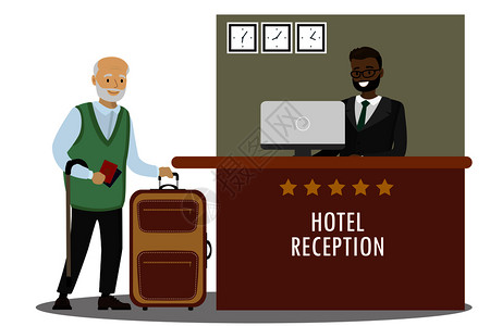 酒店招待非洲的美洲的男接待员和causin老年游客在接待台前旅行招待酒店预订概念卡通平方矢量图老年游客插画