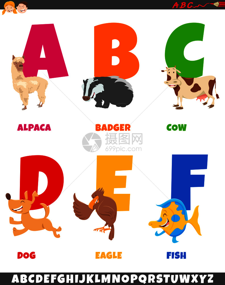 动物组合字母卡通矢量元素图片