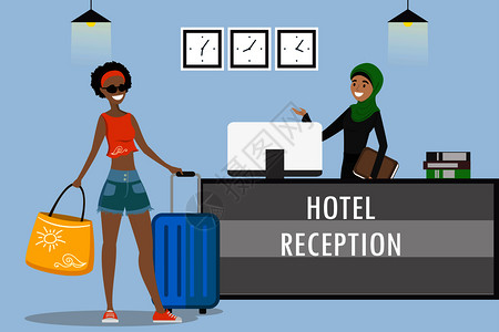 酒店招待非洲的女游客在接待台的站旅行招待酒店预订概念卡通平方矢量插图非洲的女游客在接待台的站插画