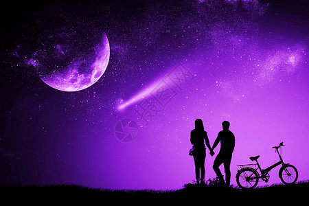 双月夜的男女用紫质子混合媒体自行车观看流星图片